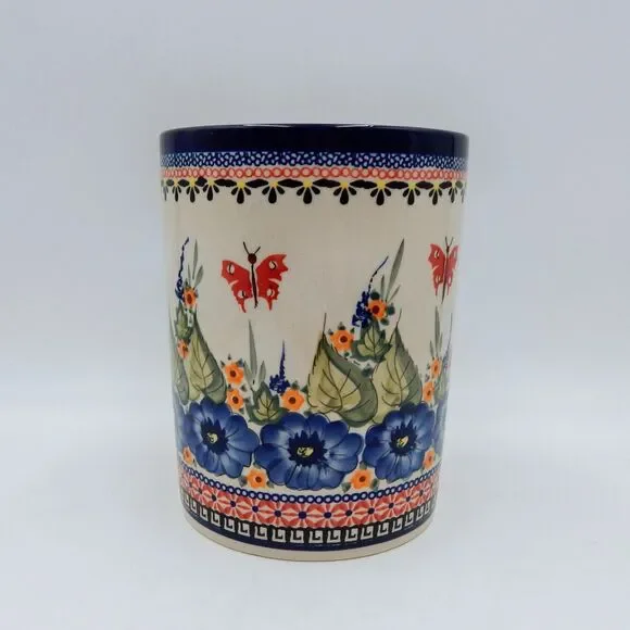 Zaklady Pottery Blue Floral Butterfly Kitchen Countertop Utensil Holder Crock 7